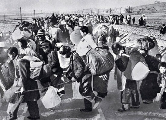 Hundreds of thousands of South Koreans fled to the  south after the North Korean army crossed the border in mid-1950.