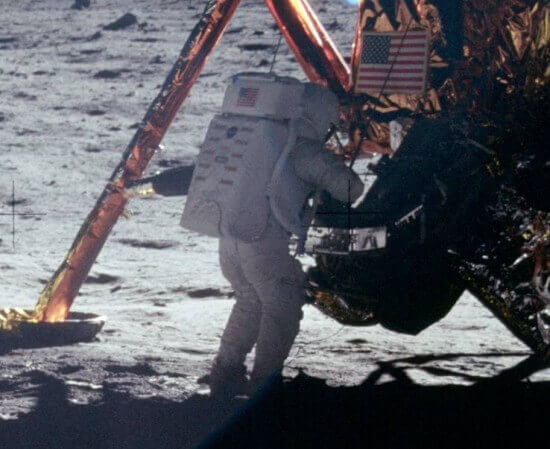 Neil Armstrong works at the LM in the only photo taken of him on the moon from the surface.