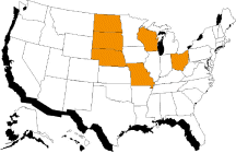 Midwestern states: Missouri, Nebraska, North Dakota, Ohio, South Dakota, Wisconsin
