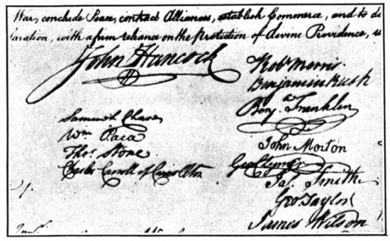 John Hancock's famous signature on the Declaration of Independence.
