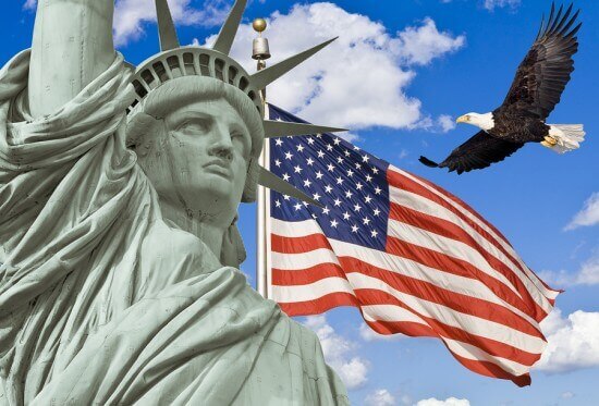 American Flag, flying bald Eagle,statue of liberty montage